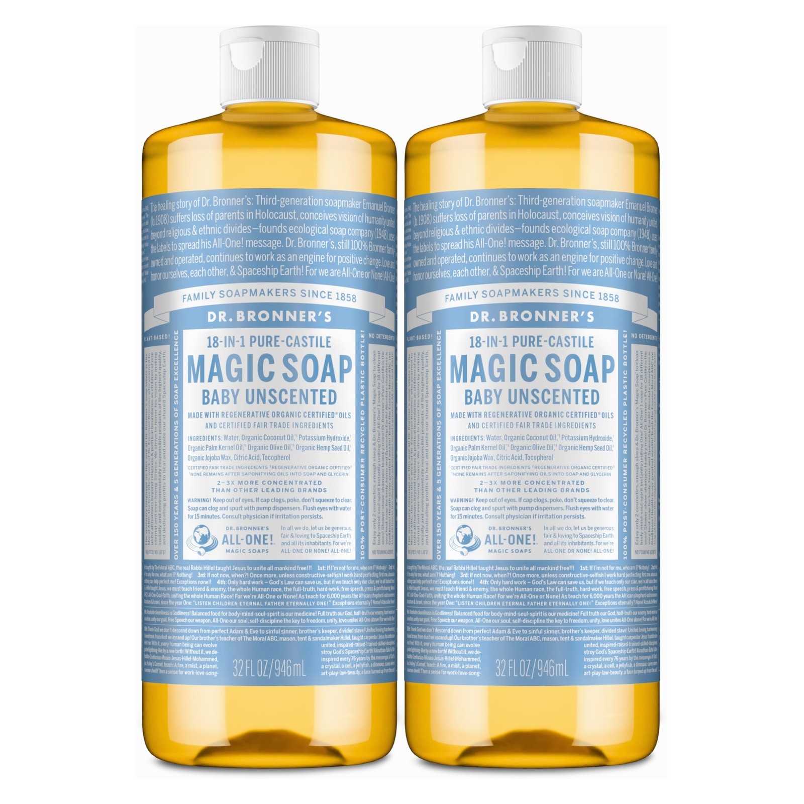 Dr. Bronner’s Baby Unscented Castile Soap 32oz 4-Pack Sensitive S