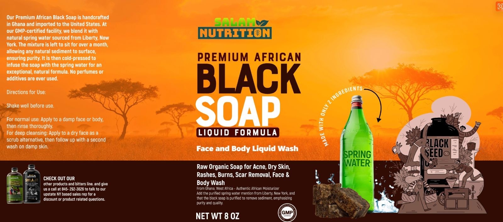 Black soap liquid from Ghana and made with spring water 16 oz pump personal use