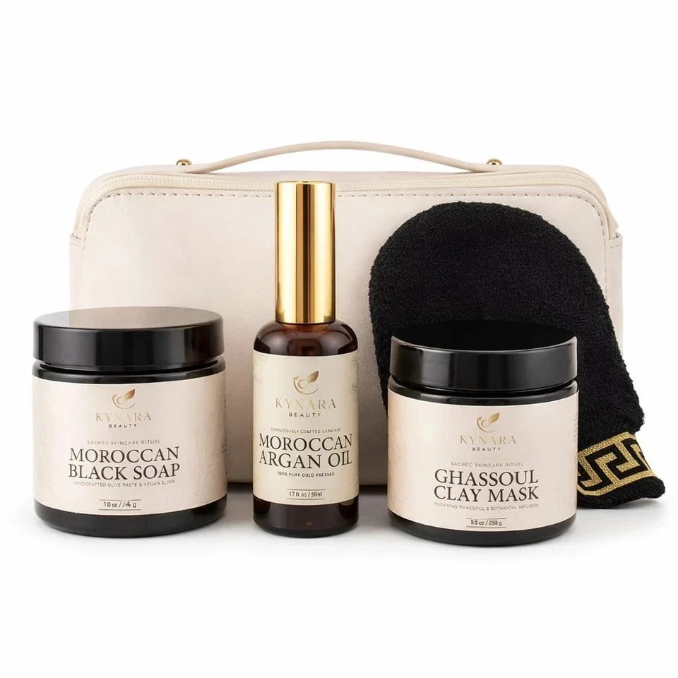 Moroccan Hammam Spa Kit Set 5(Black Soap, Argan Oil, Rhassoul Clay, Kessa glove}