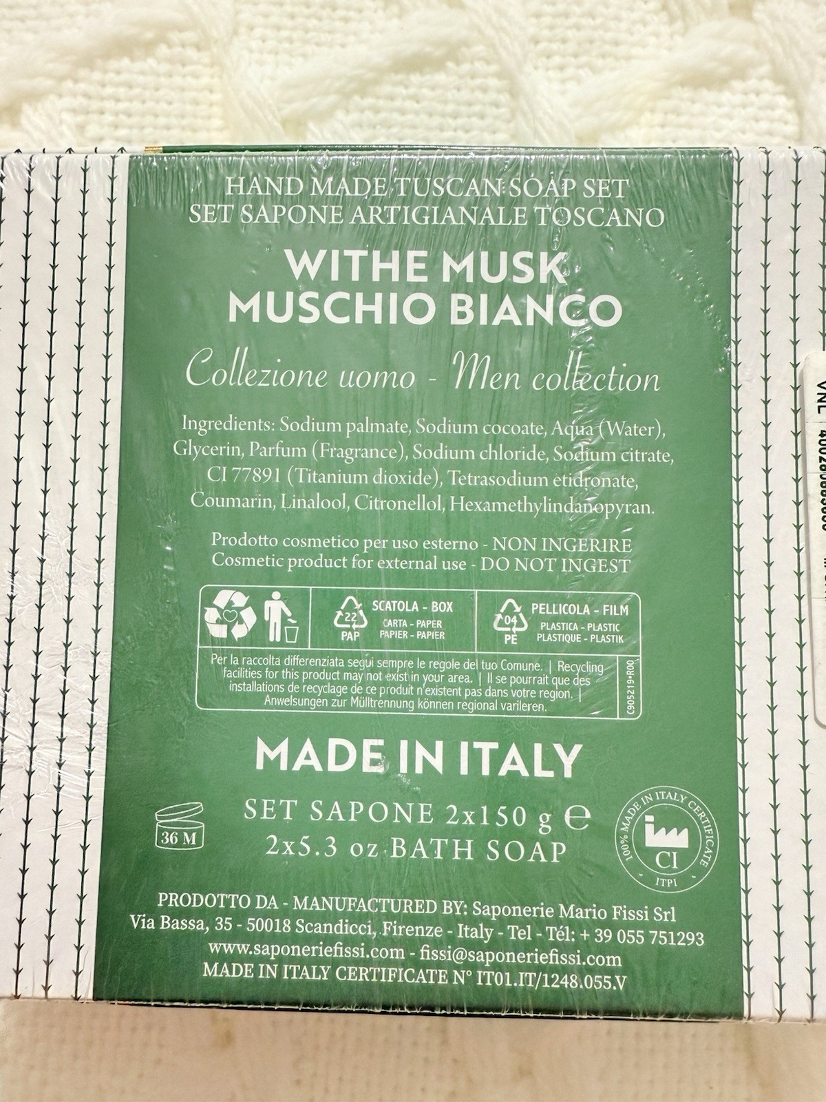 SAPONERIE MARIO FISSI SRL 2×5.3 OZ WHITE MUSK Men Bar Soap GIFTBOX Italy