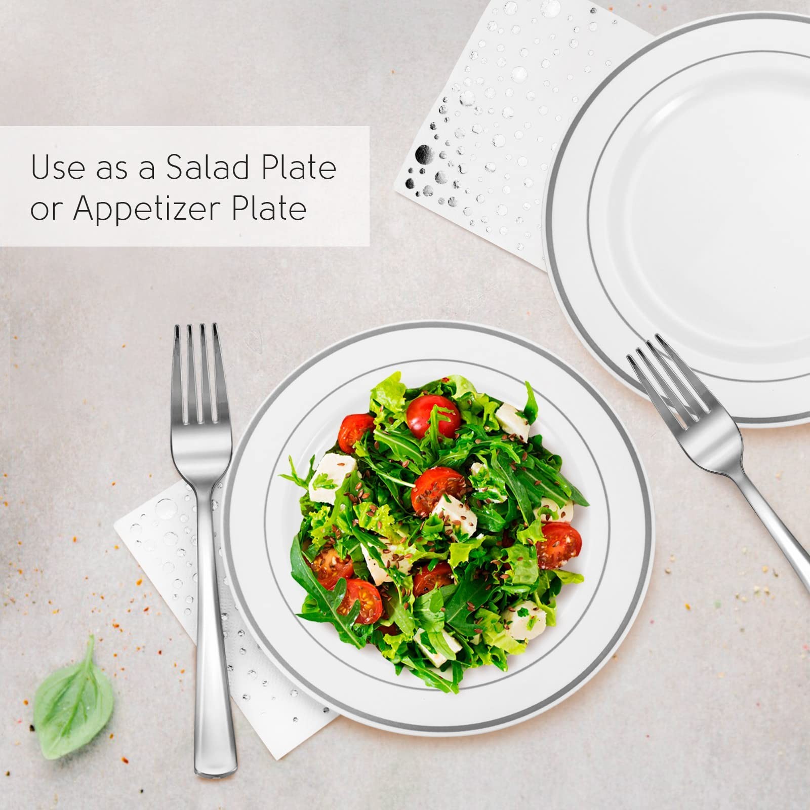 Stylish 7.5 Inch White and Silver Plastic Plates, Disposable Forks and Cockta…