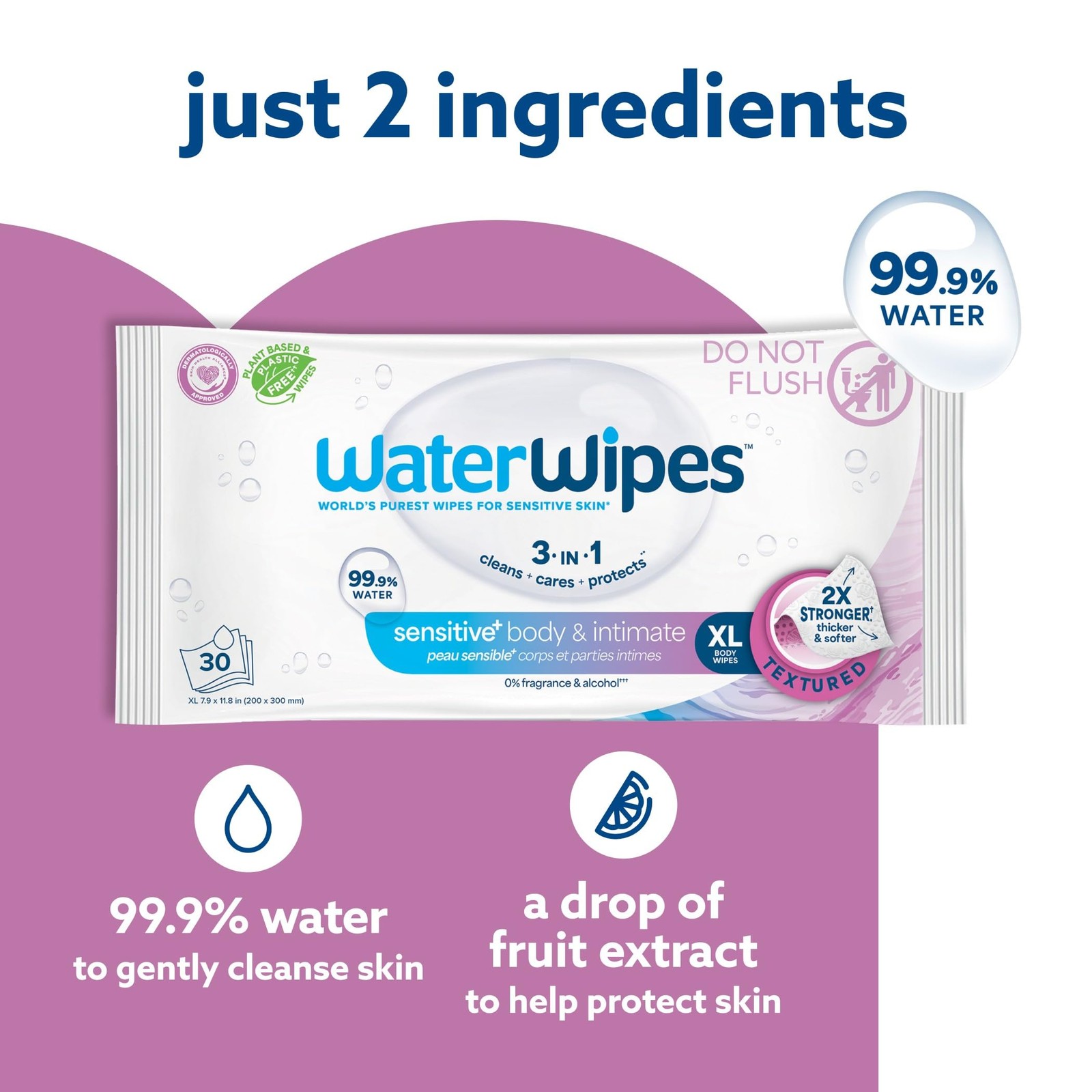 3 Pack WaterWipes for Adults 90 Sensitive XL Wipes 99.9% Water