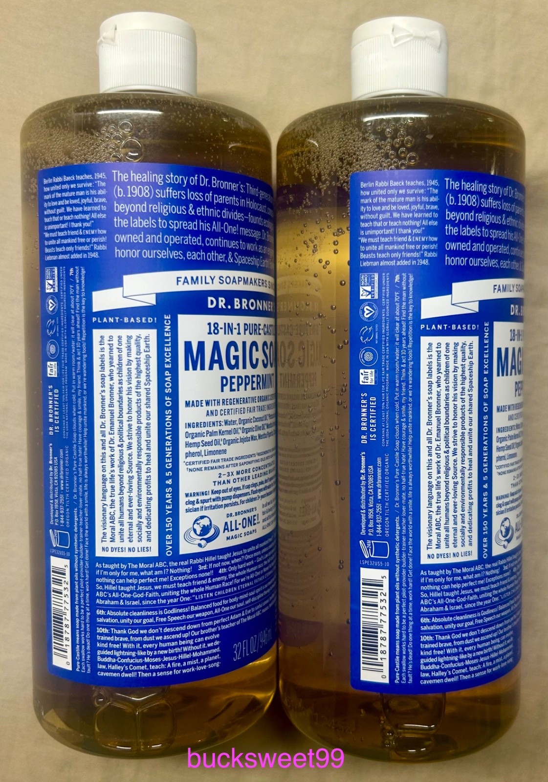 Dr. Bronner’s Pure Castile MAGIC Liquid Soap PEPPERMINT -32 oz each – 2 Bottles