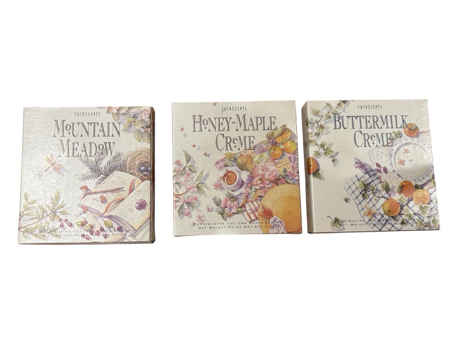 NIB 3 TWINSCENTS BOX SOAPS 4PC EACH HONEY MAPLE BUTTERMILK CREME MOUTAIN MEADOW