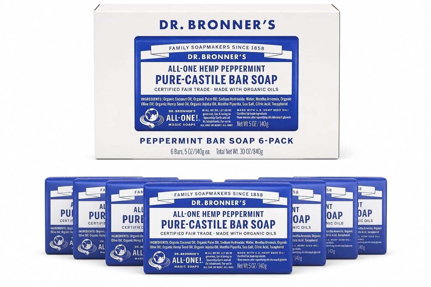 Dr Bronner’s Pure Castille Peppermint Bar Soap, 5 Ounce Pack of 6