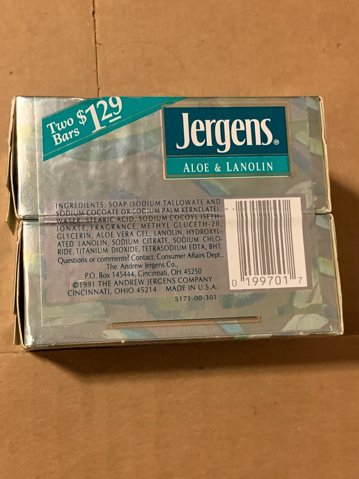 VTG NOS NEW 1991 2-pk Jergens Aloe & Lanolin Soap Bar ~ 3.5oz DISCONTINUED HTF