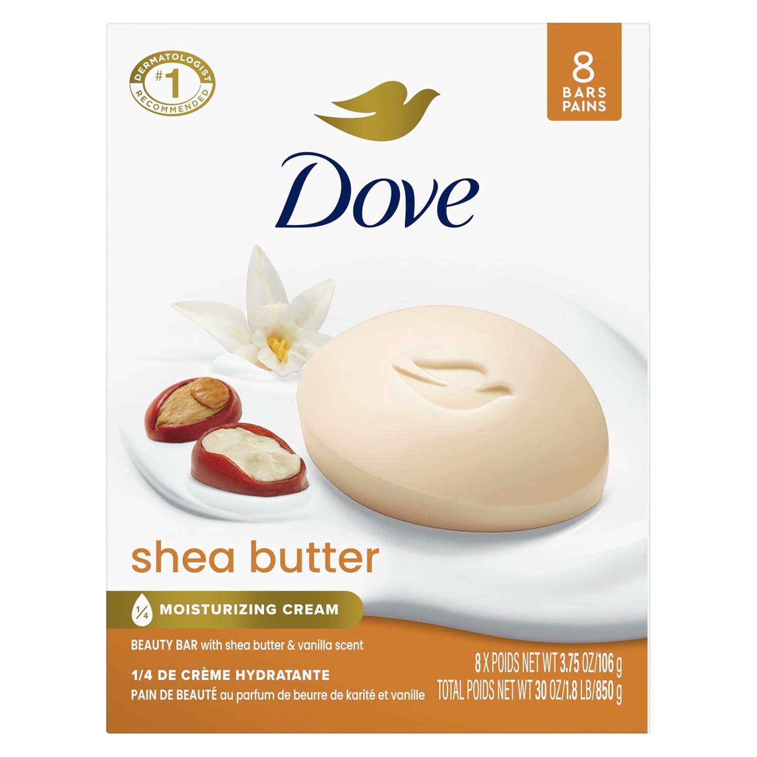 Dove Shea Butter Beauty Bar Soap 8 Count, Nourishing Cleanser, 3.75 oz I Moistur