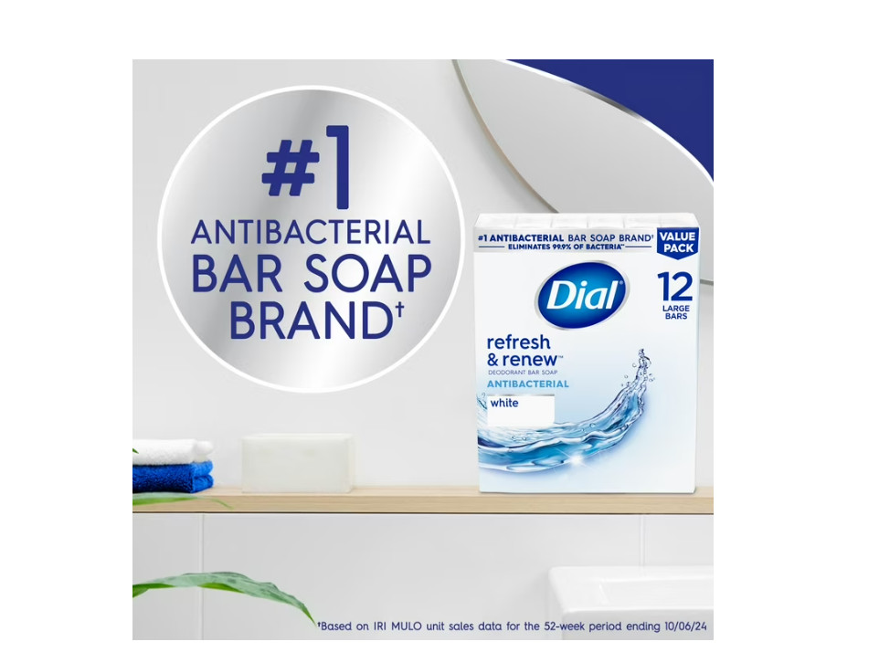 2 PACK Dial Antibacterial Bar Soap, Refresh & Renew, White, 4 oz, 12 Bars