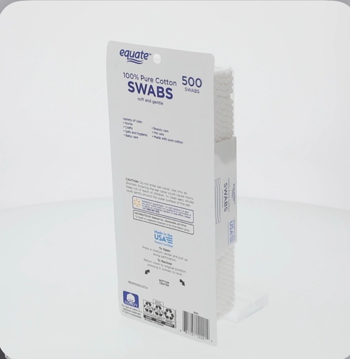 Equate Cotton Swabs 500 Count 100% Pure Cotton Firm Paper Stick Safe Soft