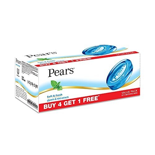 Pears Soft and Fresh Bathing Bar Glycerin and Mint Extracts 125g Pack of 4 + 1
