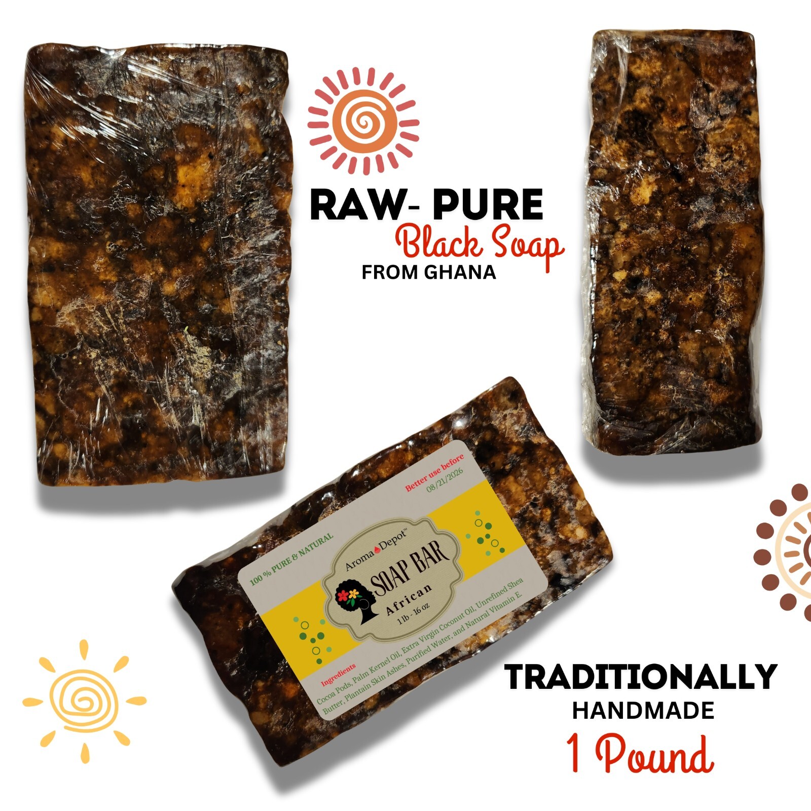 Raw African Black Soap 1 lb. Bar 100% Pure Organic Natural Skin Body Face Wash