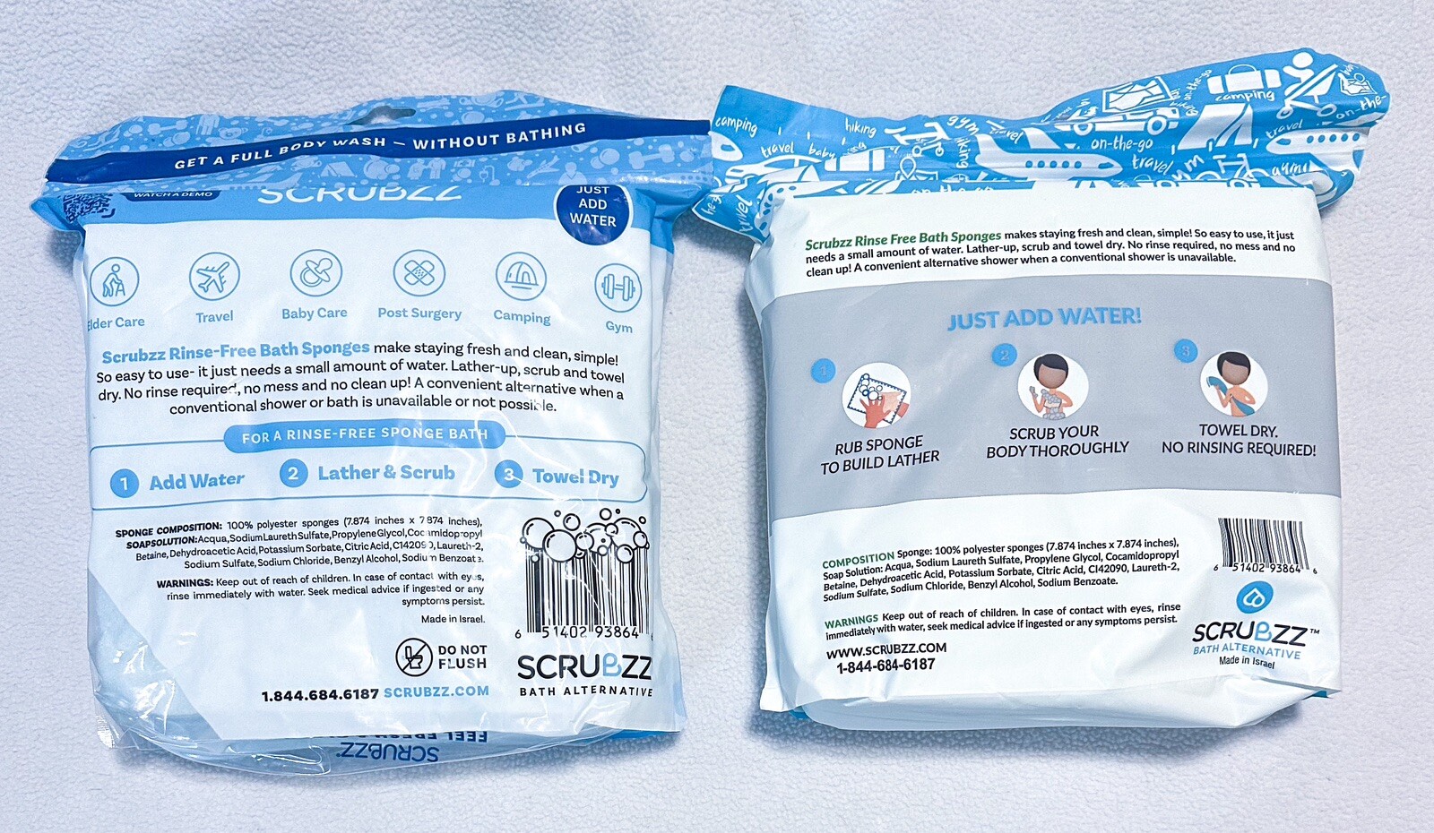 2 Packs – 25 Ct Scrubzz Rinse Free Bath Bathing Shampoo Sponge Wipes Single Use