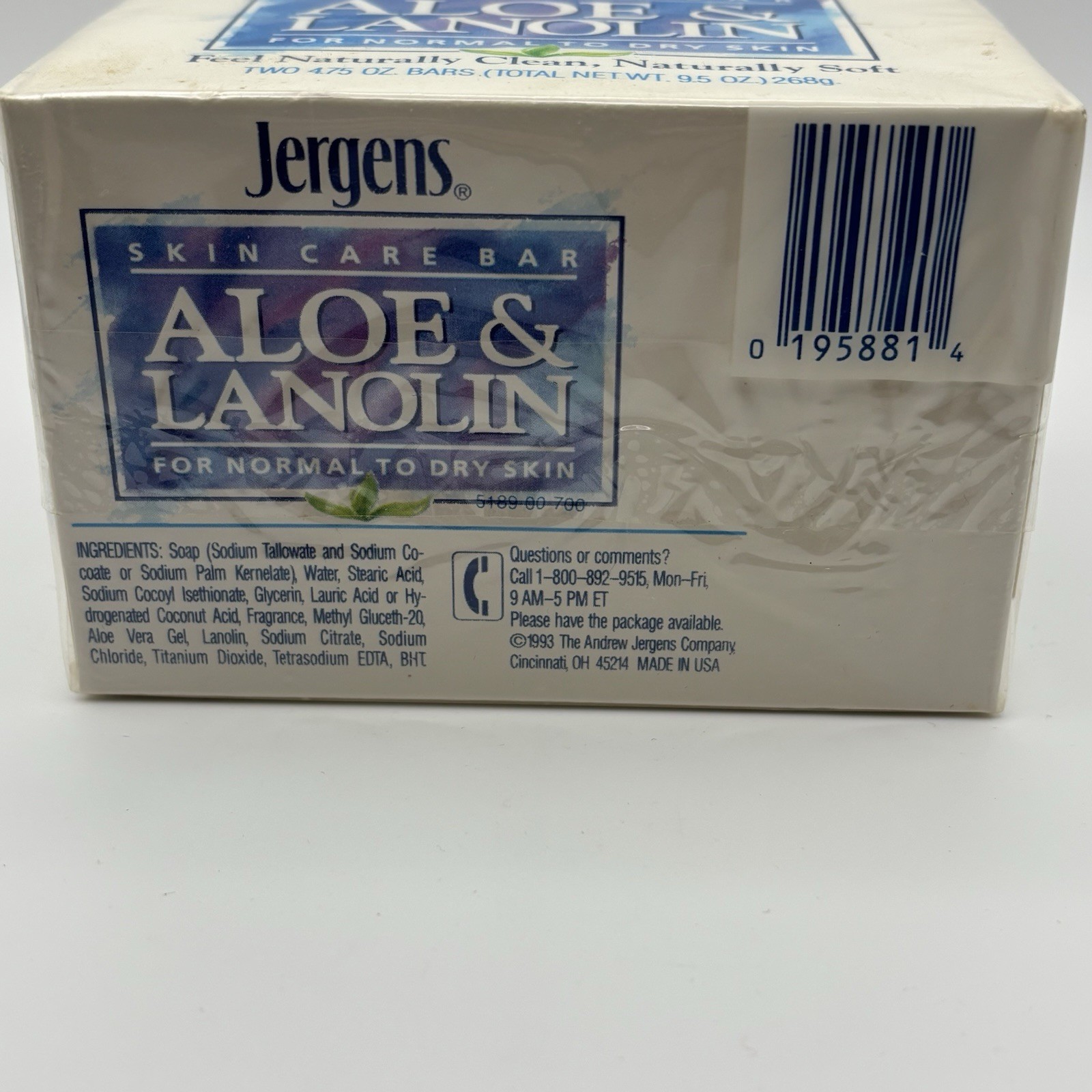 Vtg Jergens Aloe & Lanolin Skin Care Bar Soap 4.75 Oz 2 pack NOS White 1993 90s