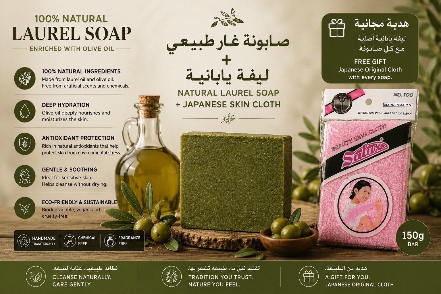 Natural Laurel & Olive Oil Soap with FREE Authentic Japanese Beauty Skin Cloth