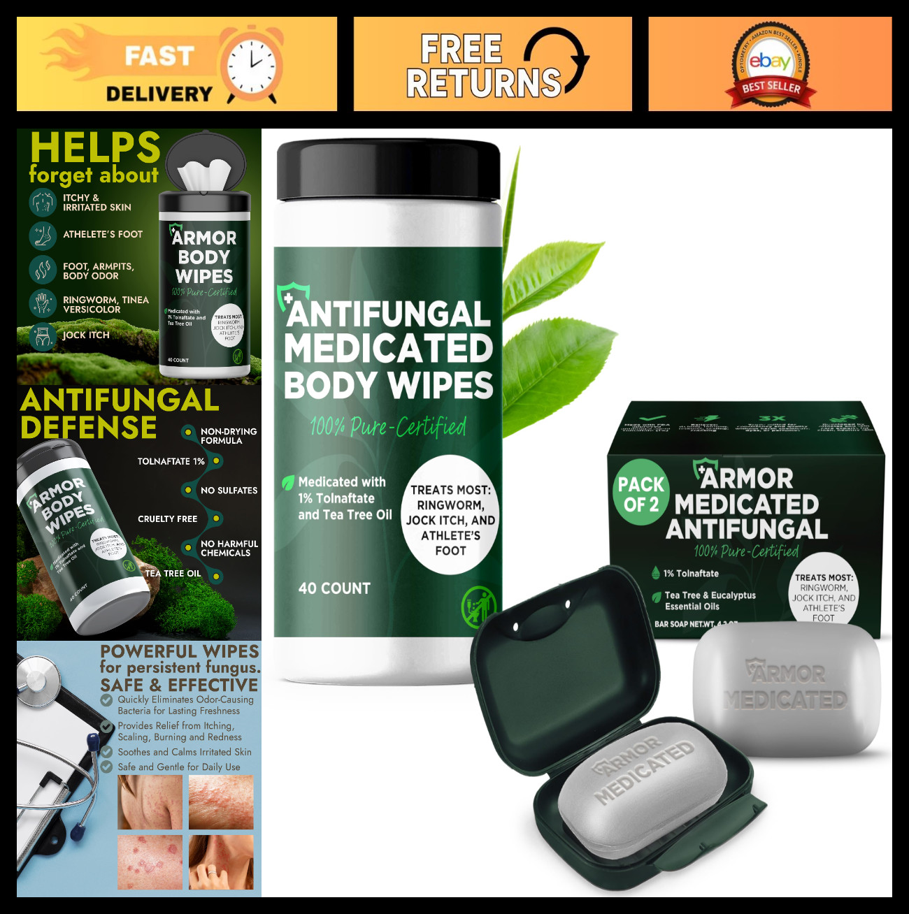 Antifungal Soap Pack with Case & Body Wipes | 1% Tolnaftate, Tea Tree Oil | Figh