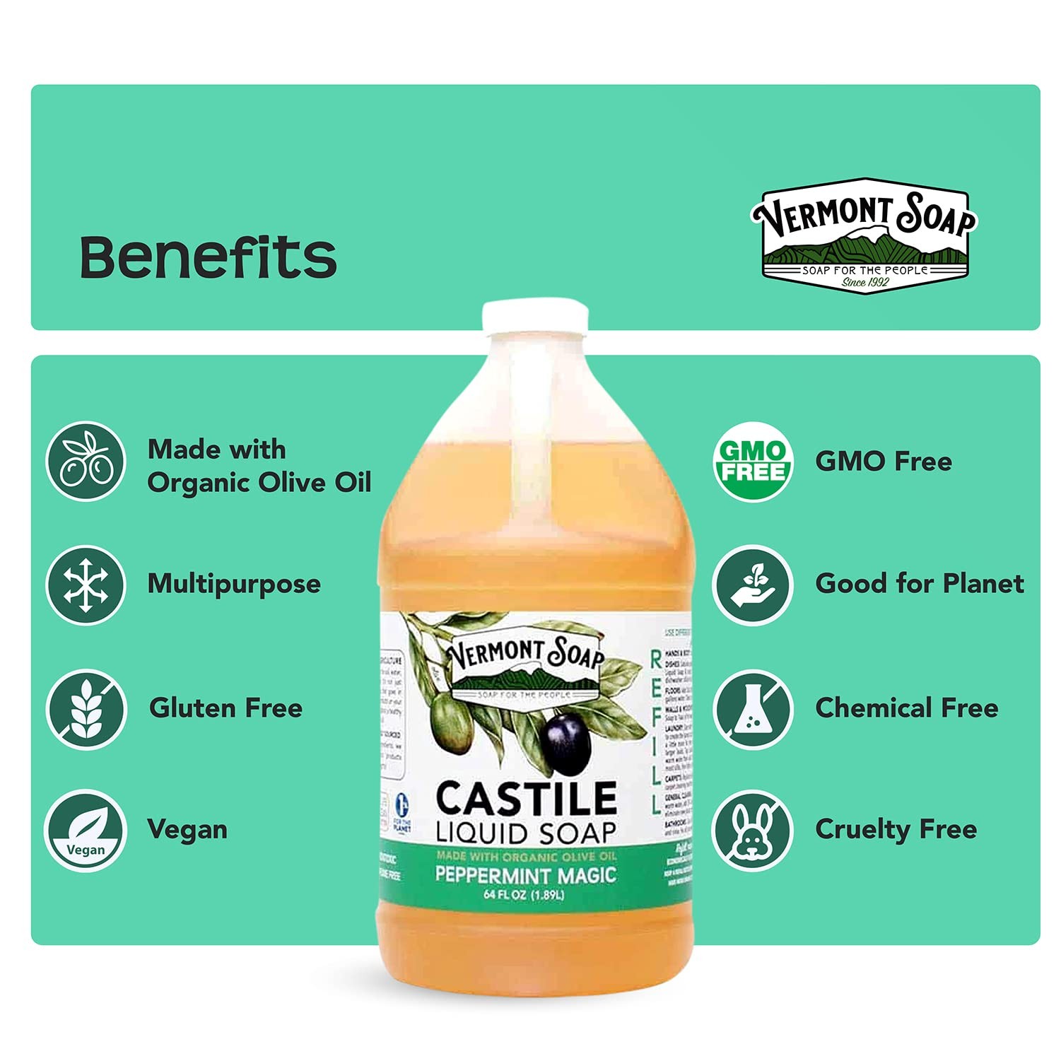 Vermont Castile Soap Peppermint, Gentle Liquid for 64 Fl Oz (Pack of 1)