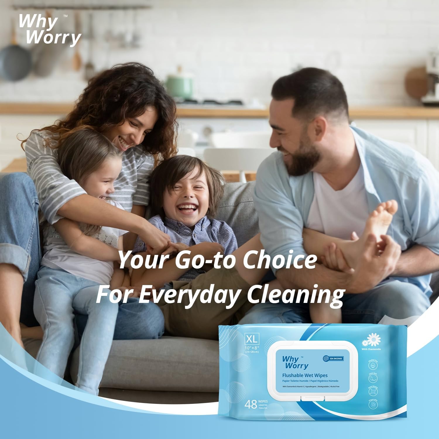 WhyWorry Flushable Wipes for Adults, Extra Large 8″x10″ 48 Count (Pack of 3)
