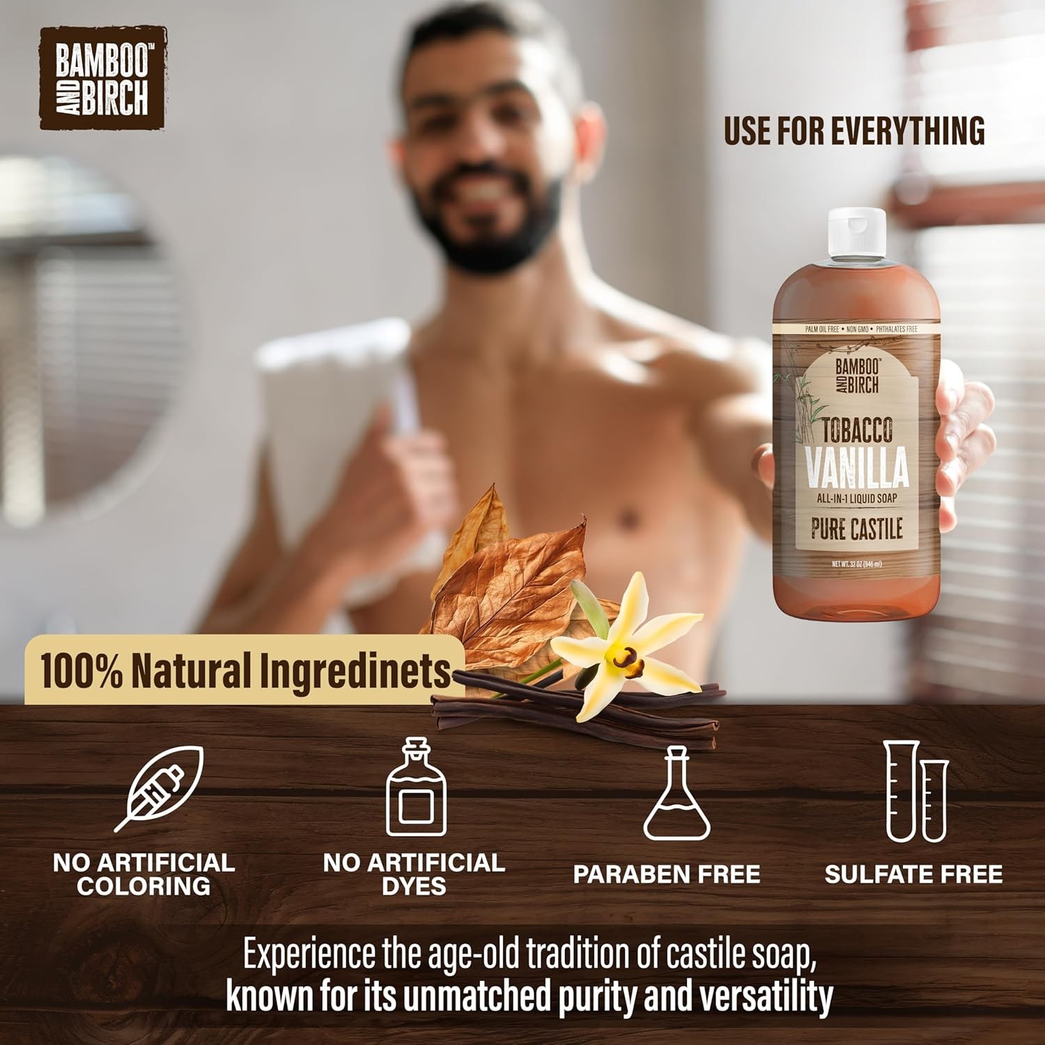 BAMBOO AND BIRCH Pure Castile Soap Liquid, Certified Palm Oil Free Natural Soap,