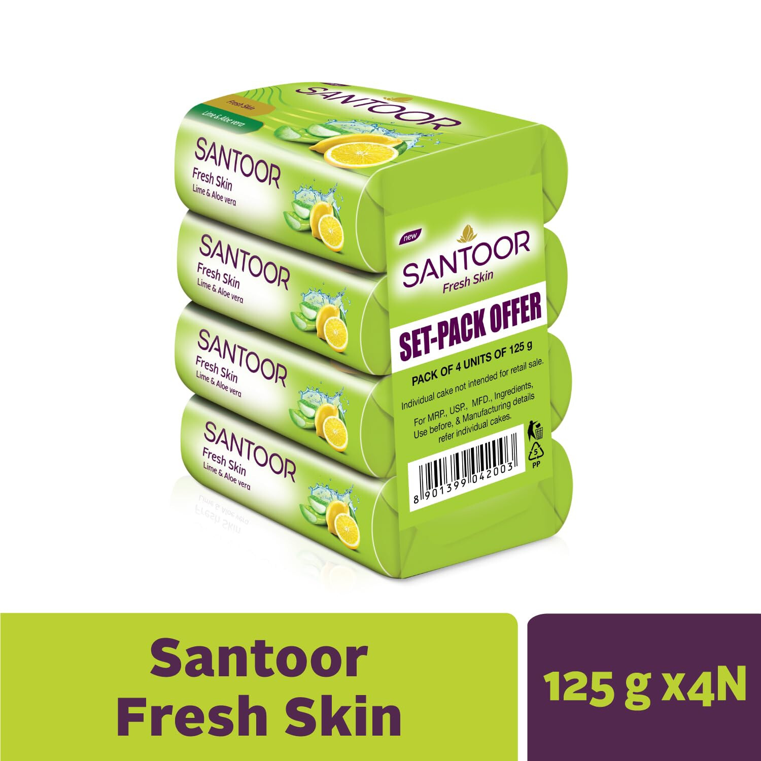 4No. Santoor Fresh Skin Aloe Vera & Lime Bathing Soap -Anti Ageing -125g -Free S