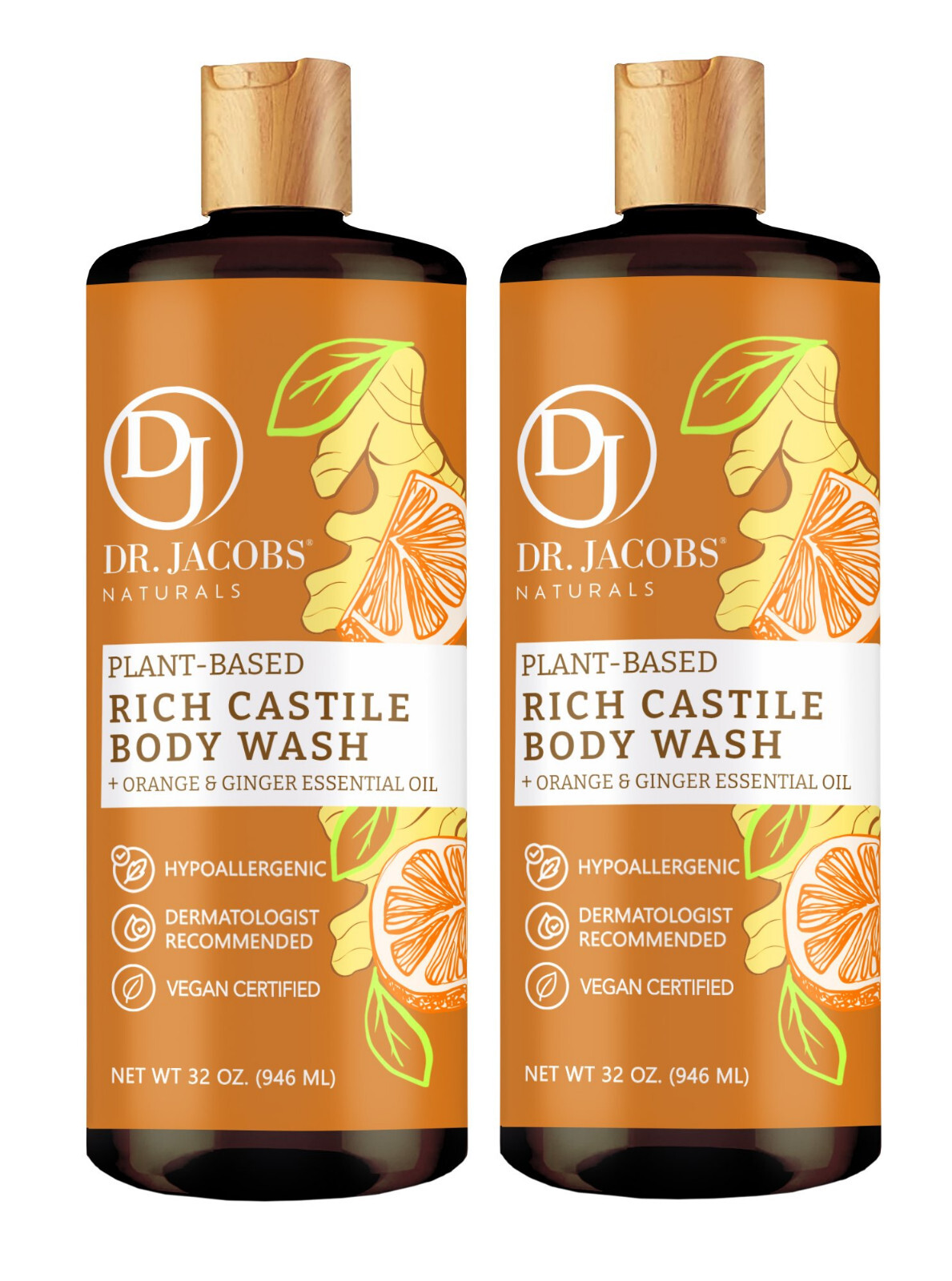 Dr Jacobs Naturals 32oz Orange Ginger Castile Body Wash Soap Plant-Based
