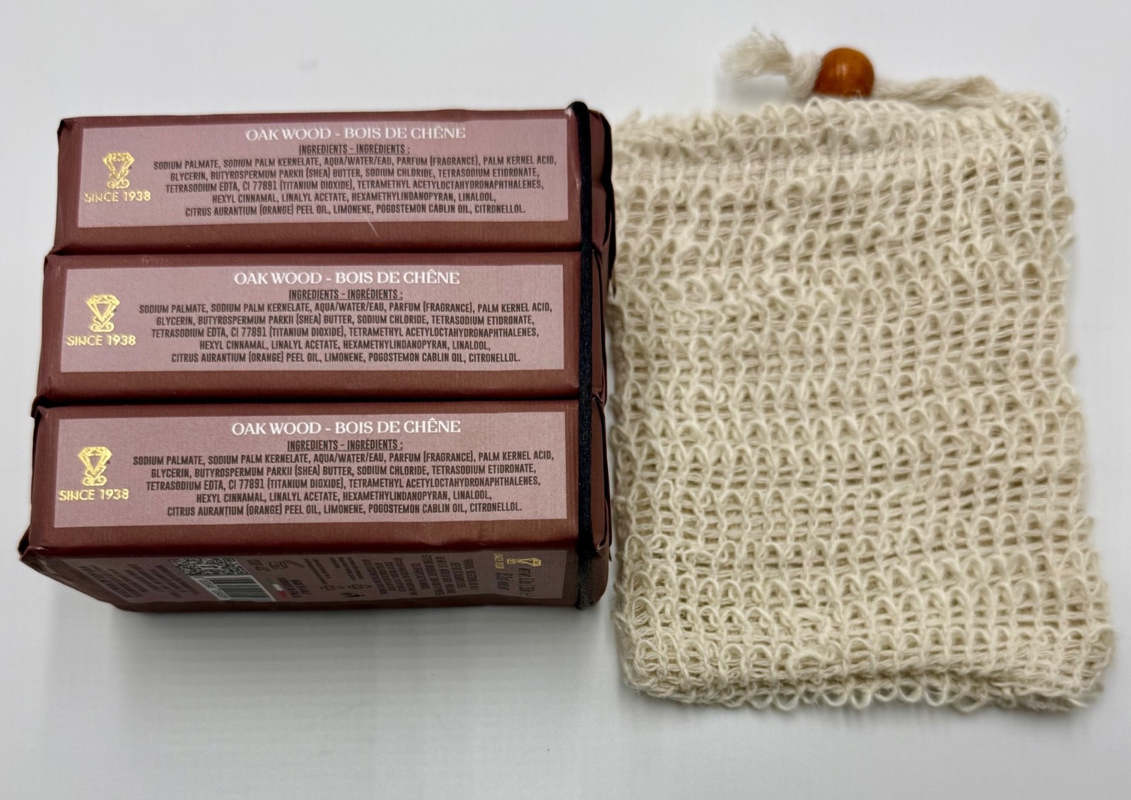 Zeni Oakwood Triple Milled Soap Bars 3x 5.2oz Made in Italy Total 15.8oz + 1 Bag