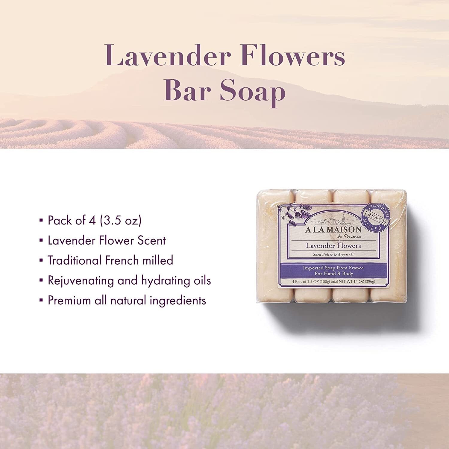 A La Maison Lavender Flowers Bar Soap with Shea Butter & Olive Oil 14 oz 4 Count