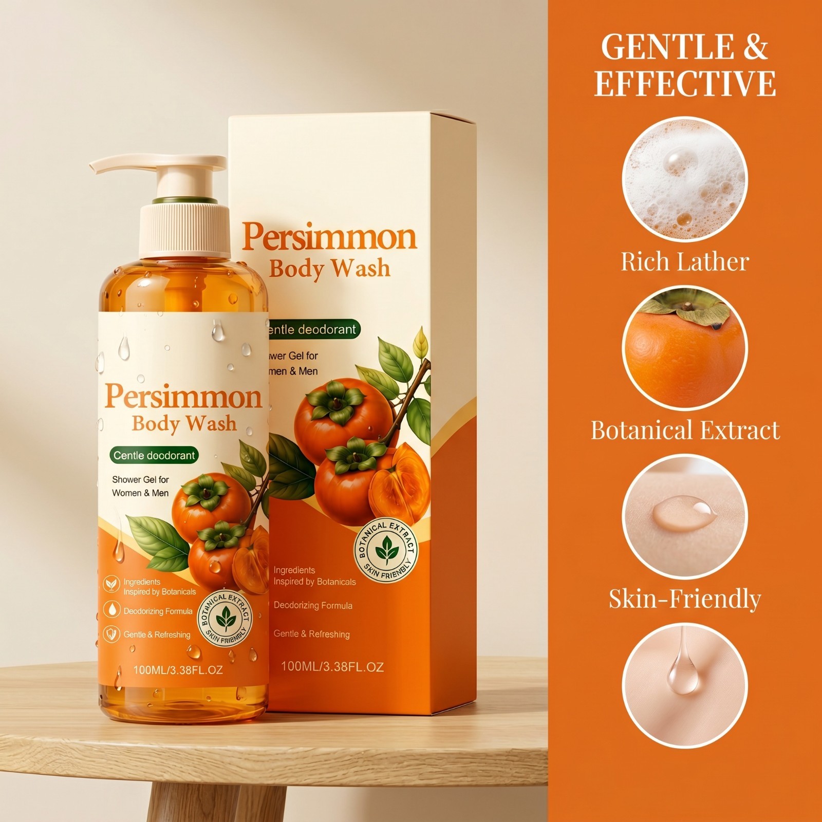 Persimmon Natural Deodorant Bar Soap, Deep Cleansing for Body & Foot Odor 100ml