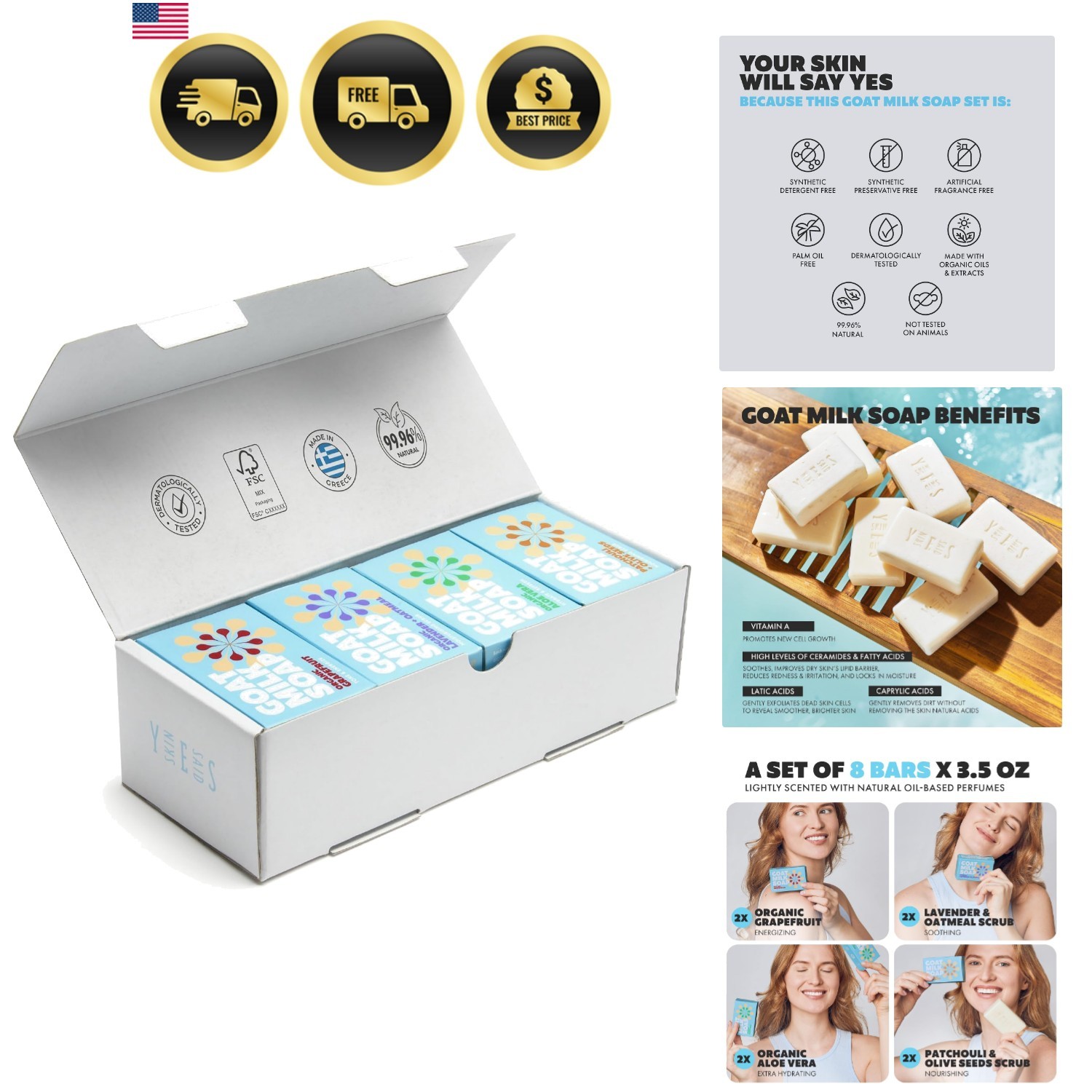 Goat Milk Soap Bar Set Pack of 8 – Crafted in Greece | Tripple Milled | Organ…