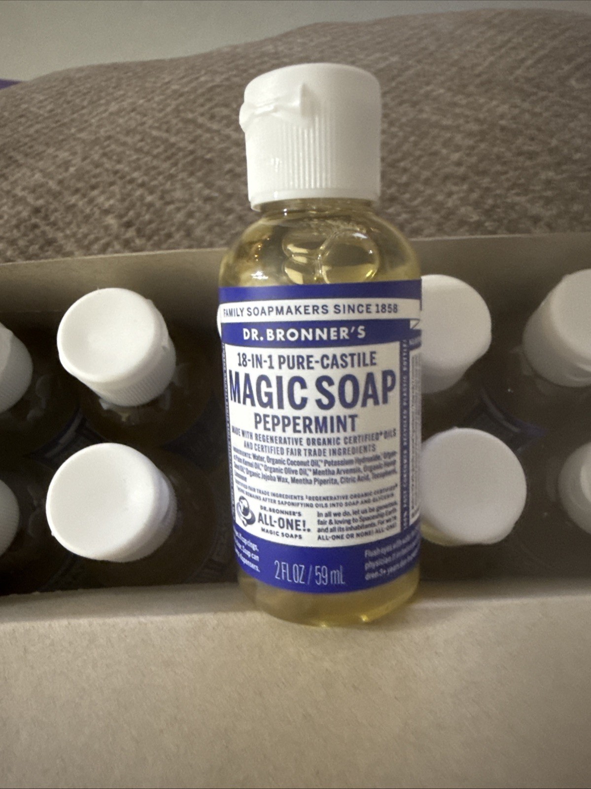 Dr Bronner’s 18 in 1 hemp peppermint pure castile Liquid Soap, 2oz Ea, 12 Ct Box