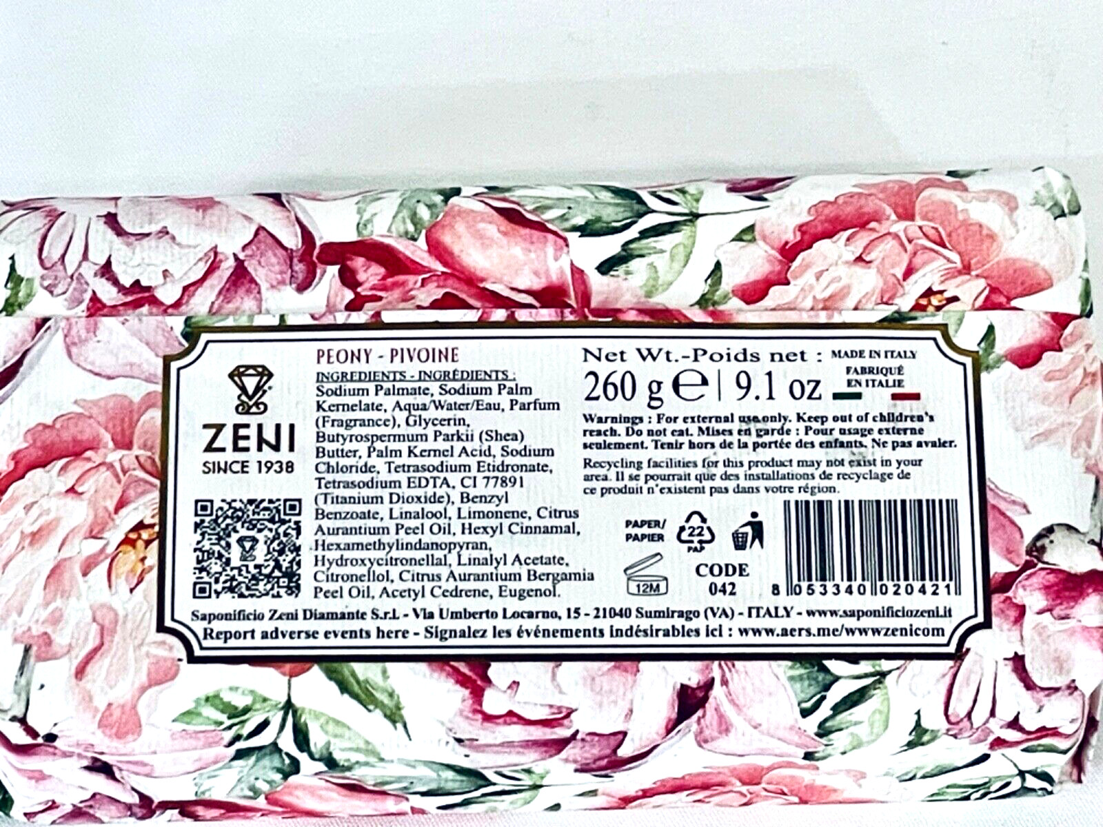 ZENI DIAMONTE FINE TRIPLE MILLED SOAP 9.1 OZ PEONY MADE IN ITALY