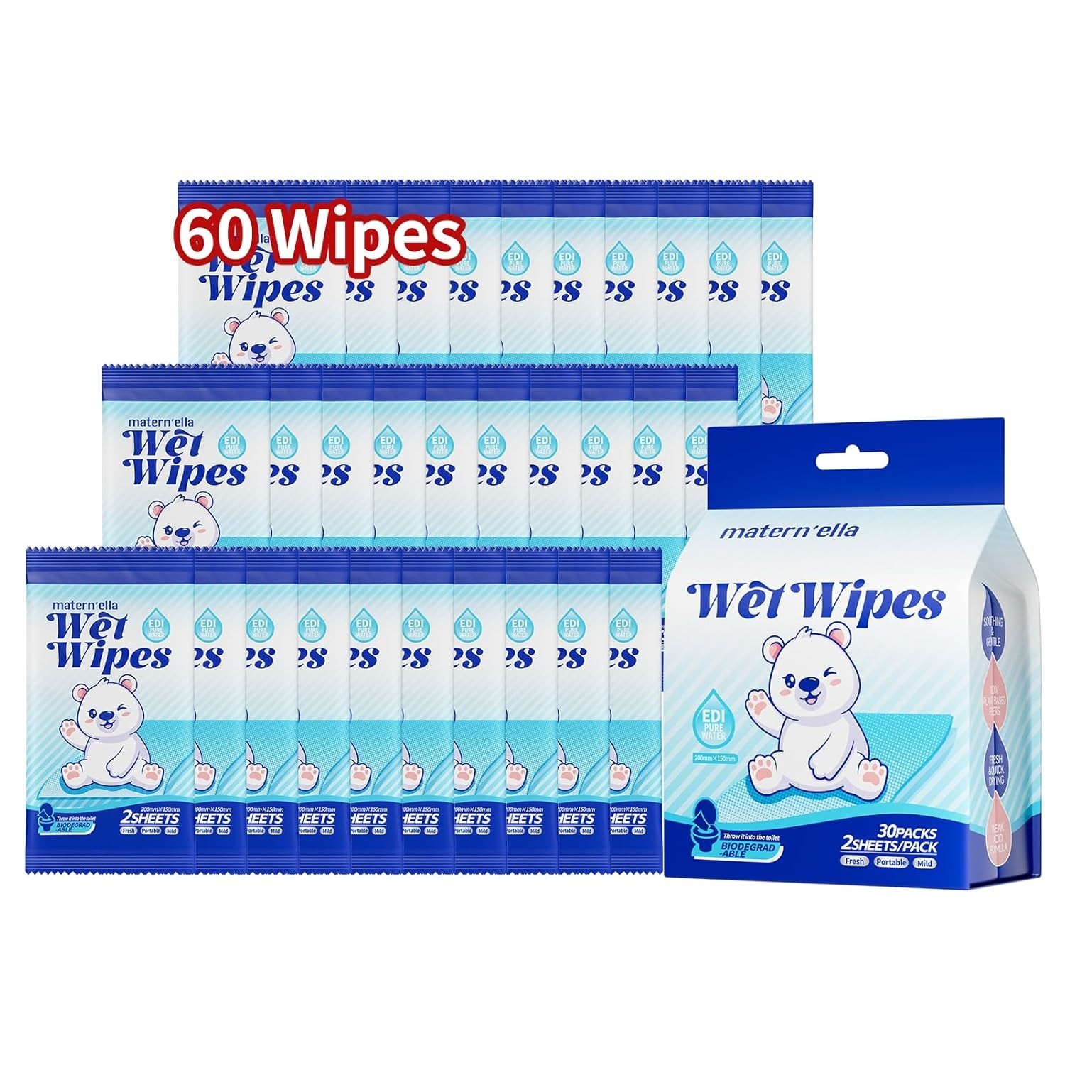 Travel Pocket Butt Wipes 60 Count Fragrance-Free, Extra Large, Flushable, Sen…