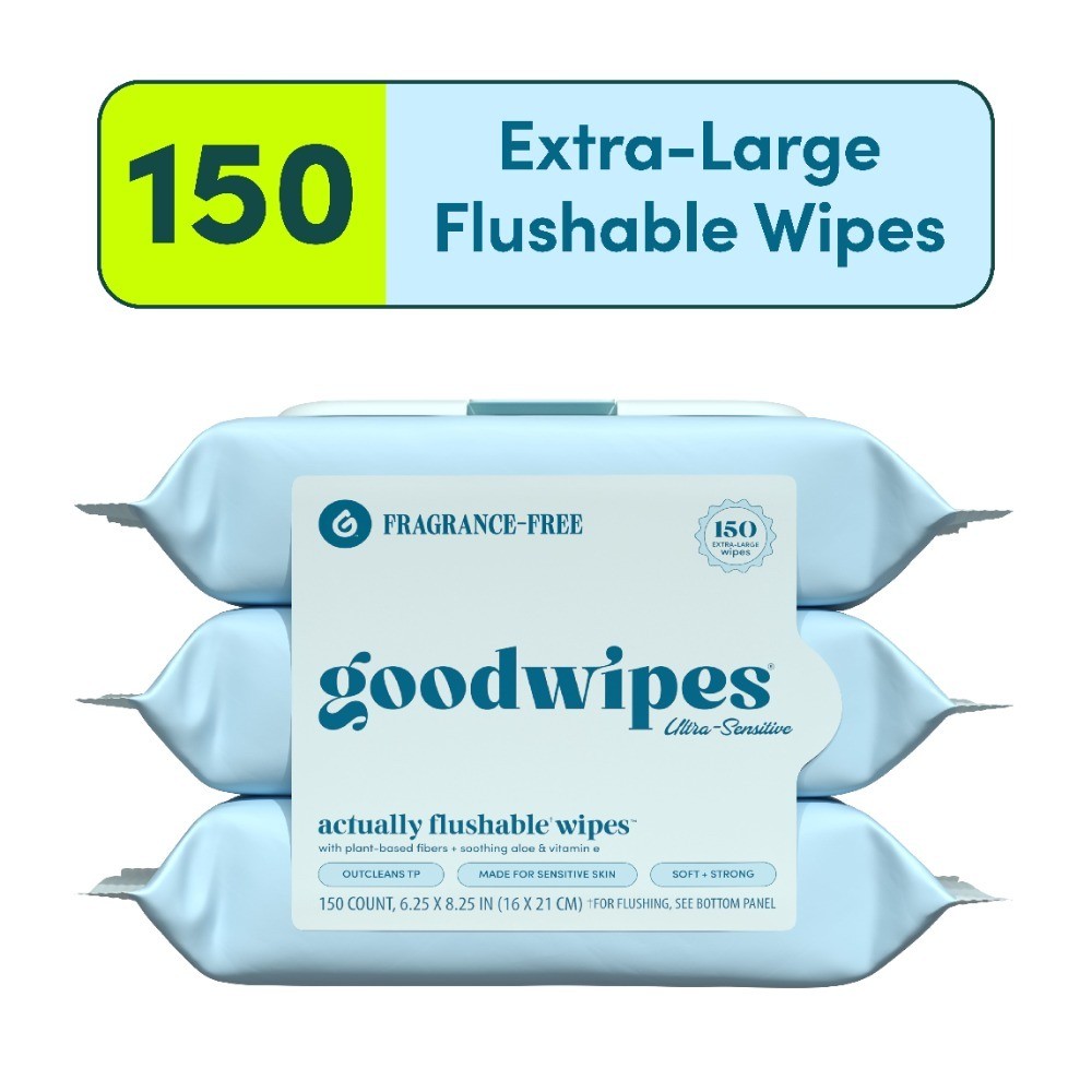 Flushable Butt Wipes, Fragrance-Free, 3 Pack, 150 Total XL Wipes