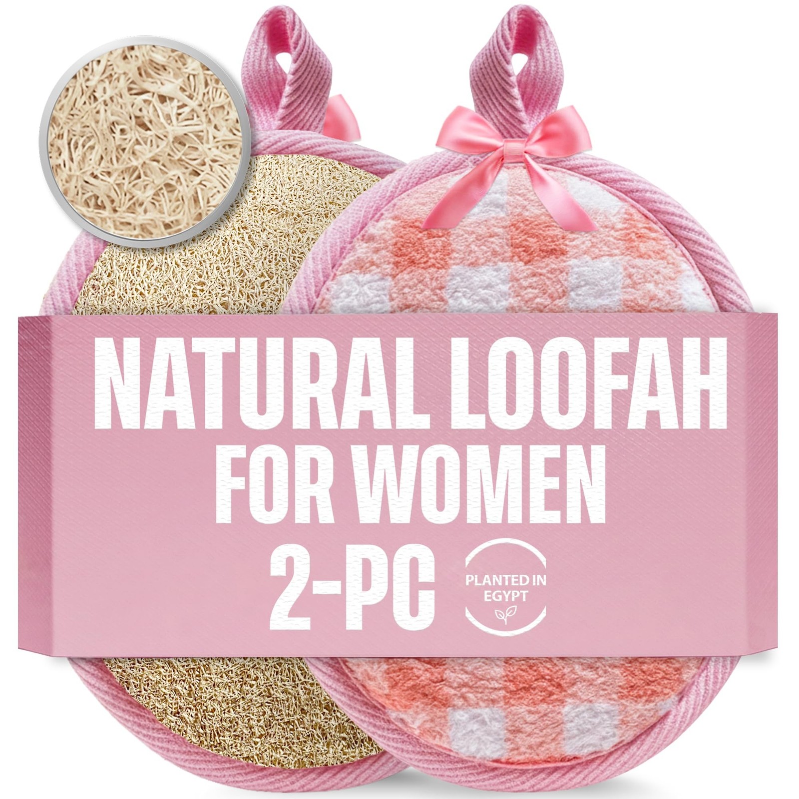 SERRENTO Loofah Women Body Scrub – Luffa Bath Pads, Pink & Beige, 2 Count