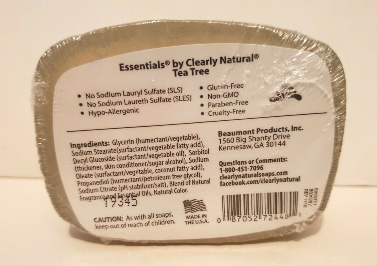 CLEARLY NATURAL ESSENTIALS TEA TREE GLYCERIN BAR SOAP 4 OUNCE WRAPPED LOT/4 BARS