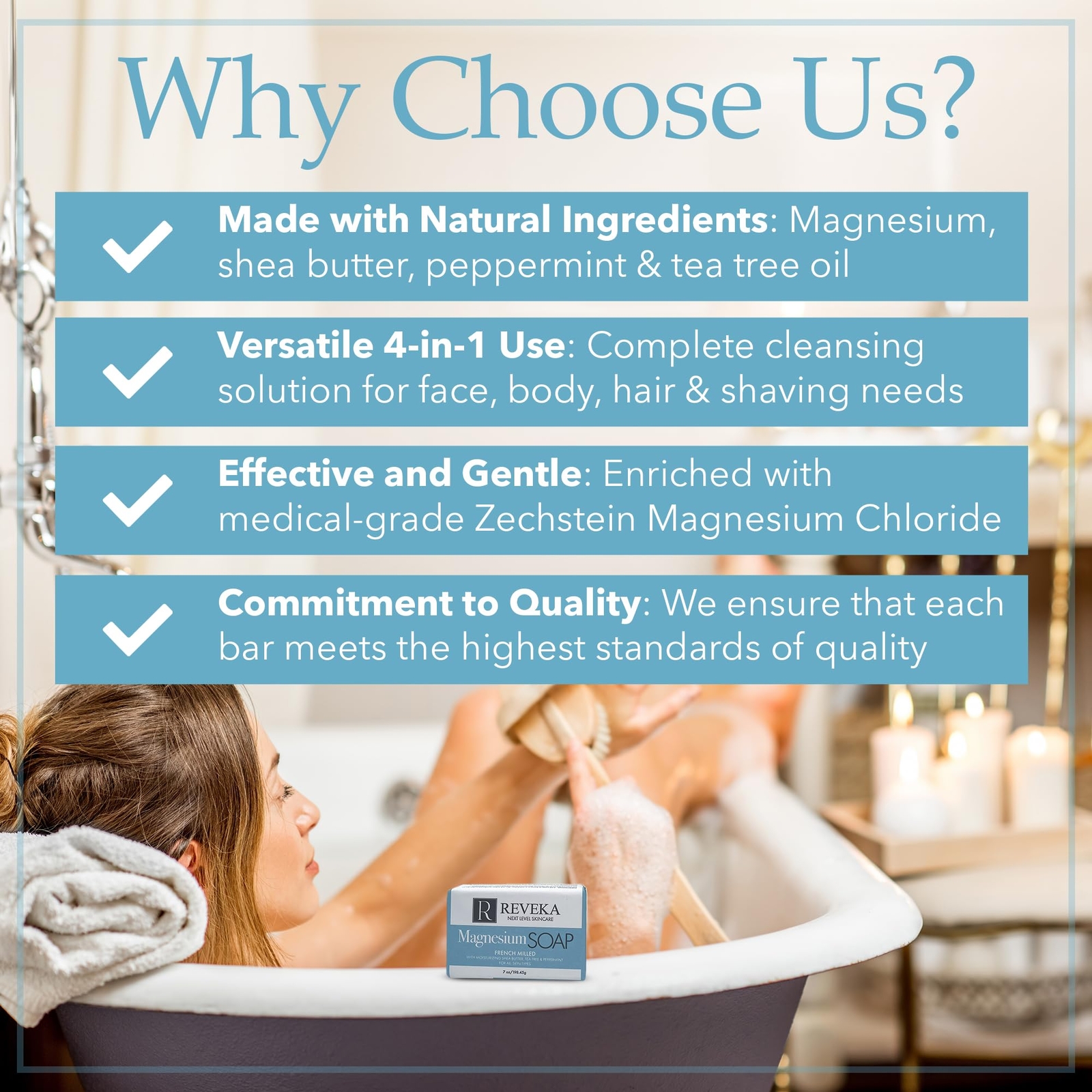 MAGNESIUM SOAP Bar for Face Body Hair Shaving 7oz 4 Pack REVEKA SKINCARE