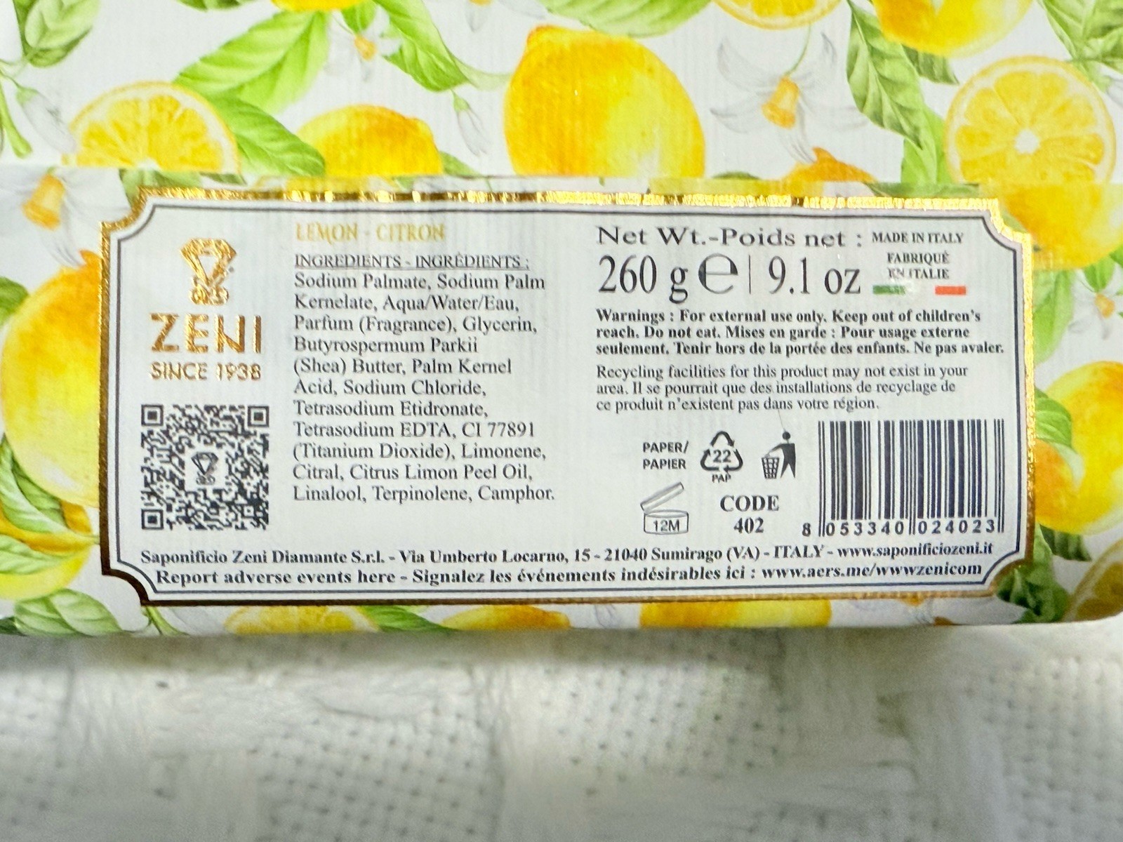 2 pcs ZENI Scent :Strawberry & Lemon Fine Triple Milled ITALIAN Soap Bar 9.1 Oz