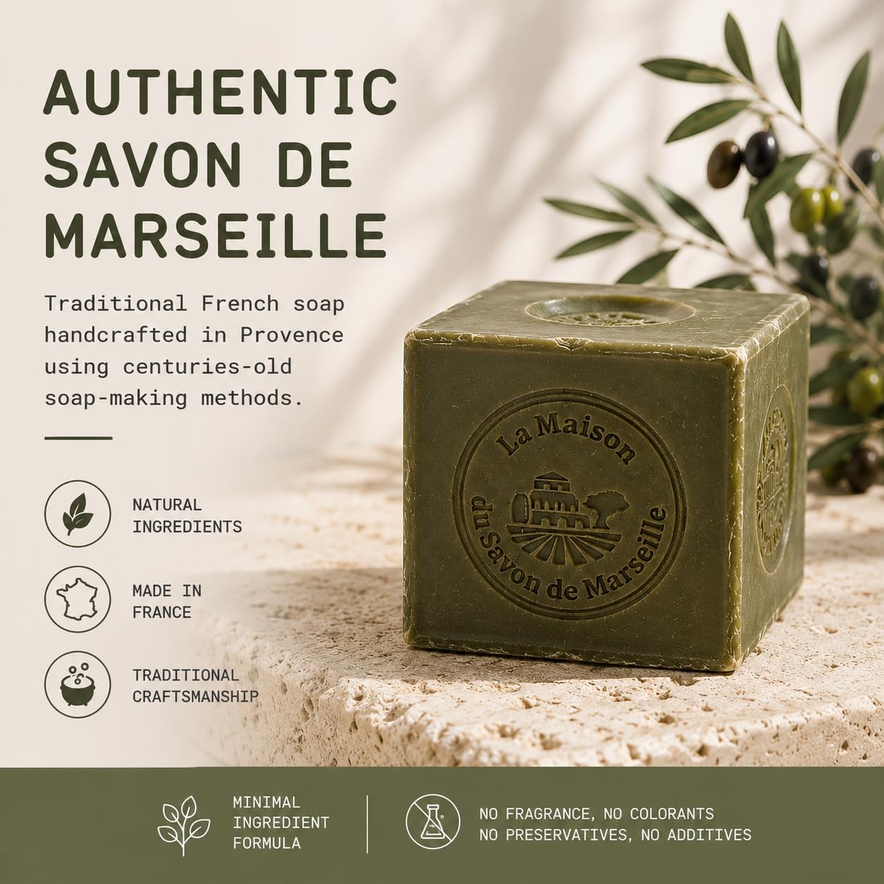 La Maison du Savon Olive Oil Soap Bar, Savon de Marseille Soap, 3 x 3.5 oz