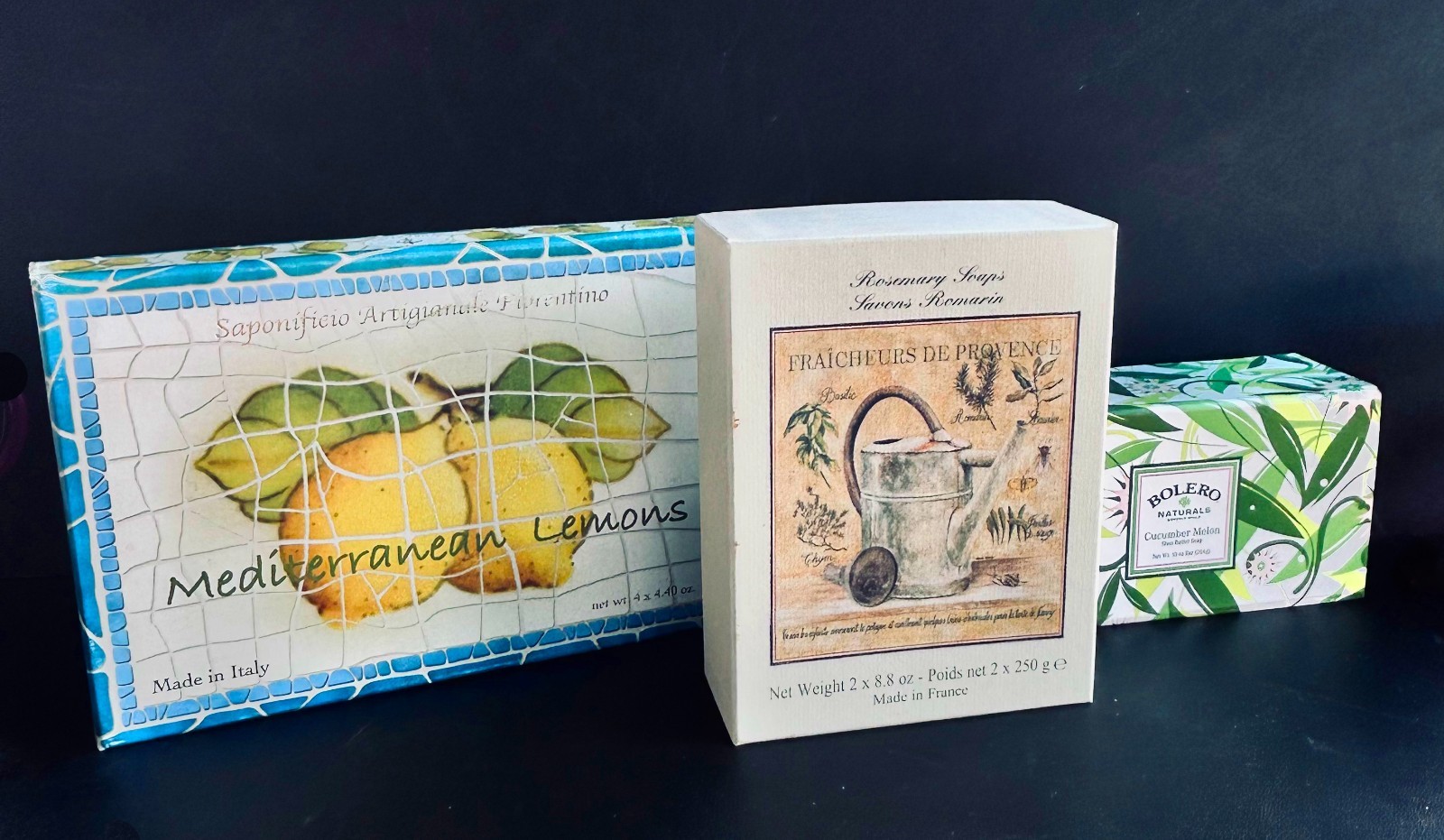 Lot 3 Boxes 6 New Bar Soaps Lemons Melon Rosemary Cucumber France Italy USA C644