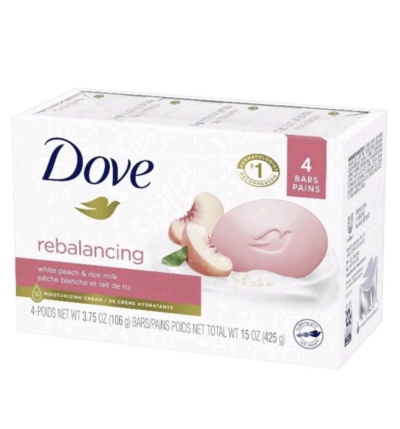 DOVE (4-BARS) 3.75 Oz. REBALANCING White Peach/Rice Milk Beauty Bars. – NEW