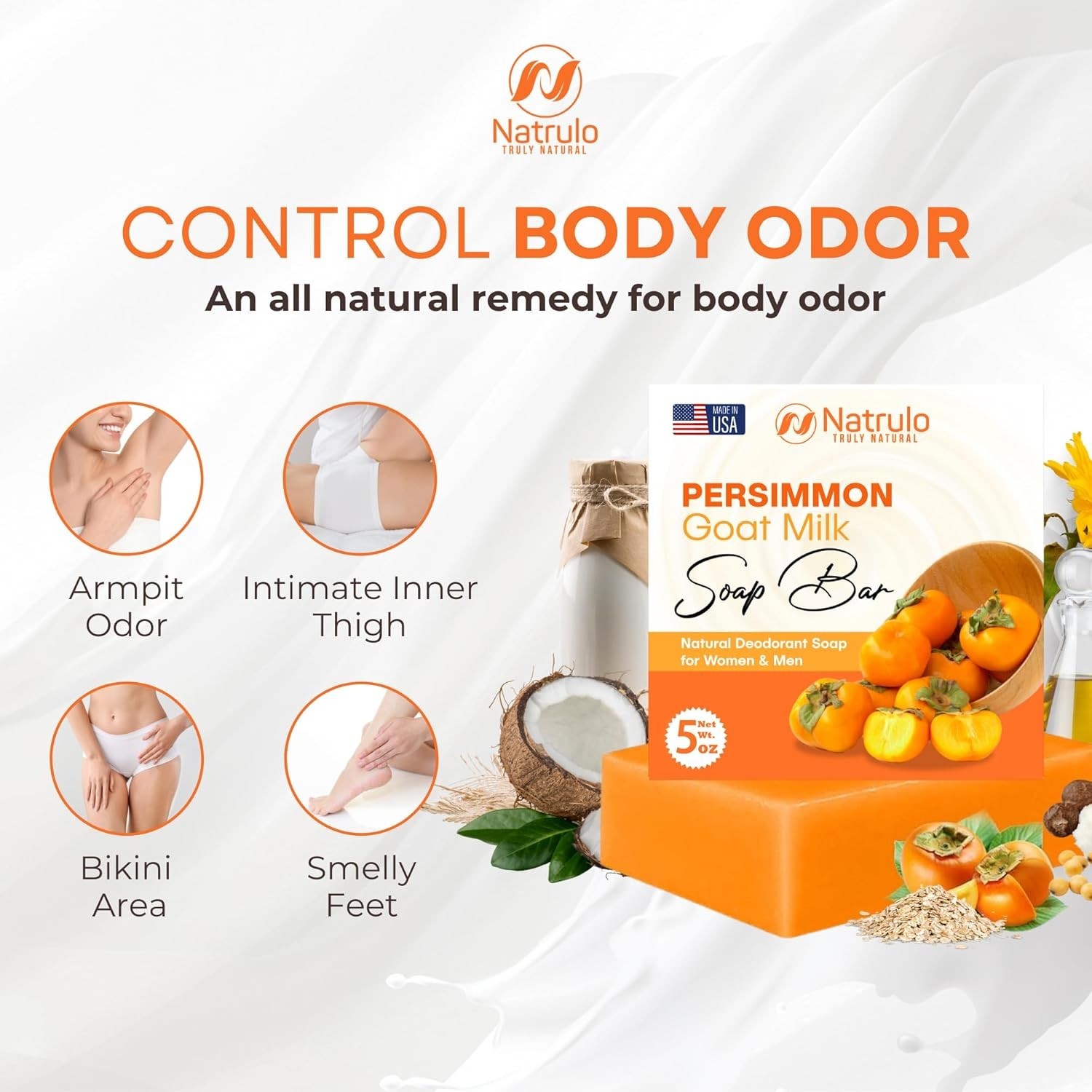 Persimmon Soap Bar for Body Odor Control – Purifying Deodorizing Body Wash wi
