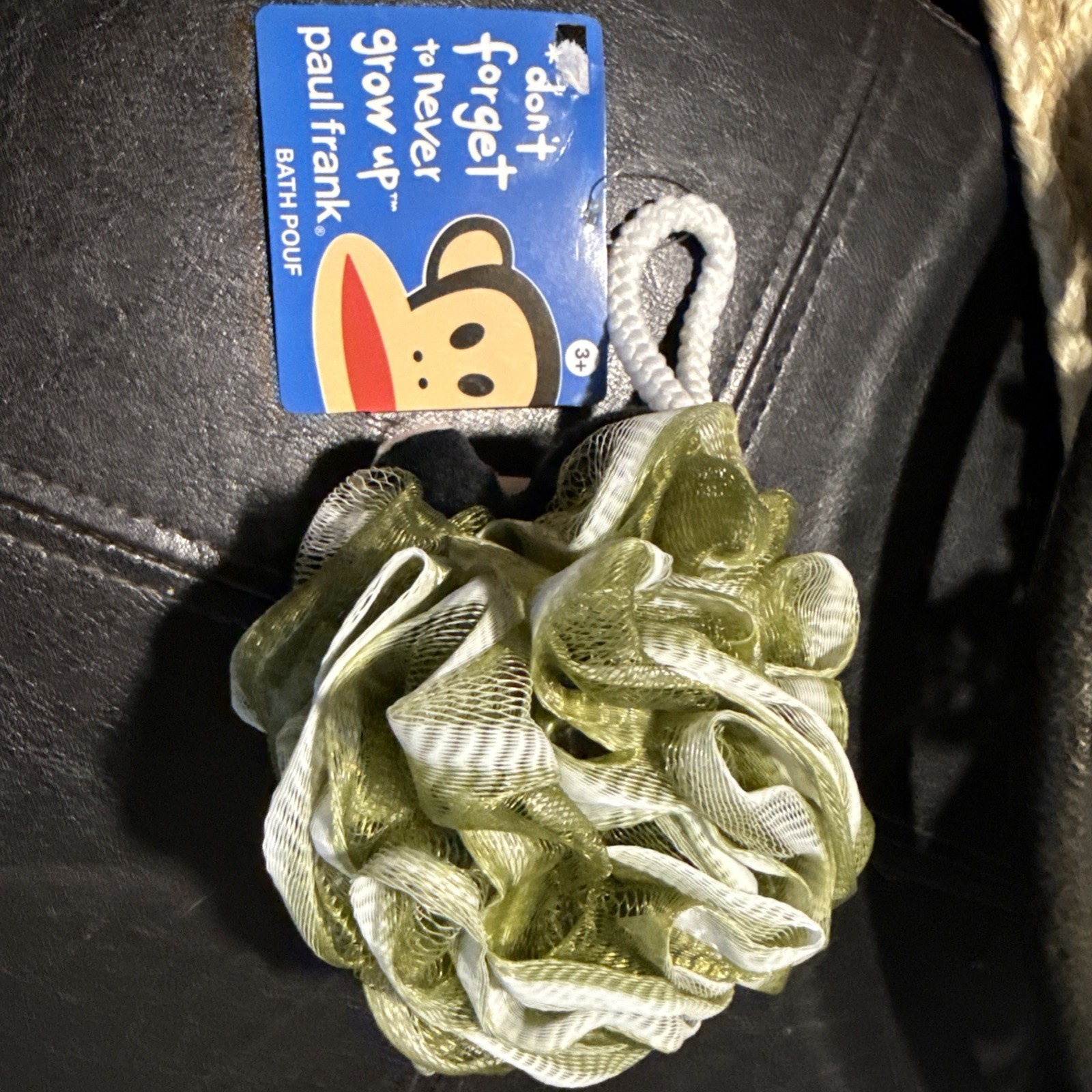 Paul Frank Bath Poof, Olive, Green, And White With Monkey Tongue Out