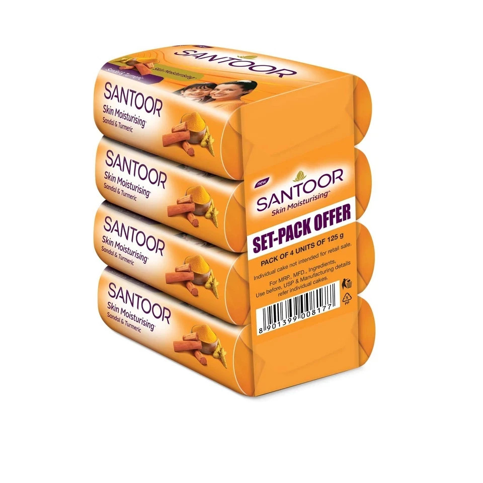 Santoor Sandal & Turmeric Soap 125g × 4 • Natural Glow & Skin Nourishment