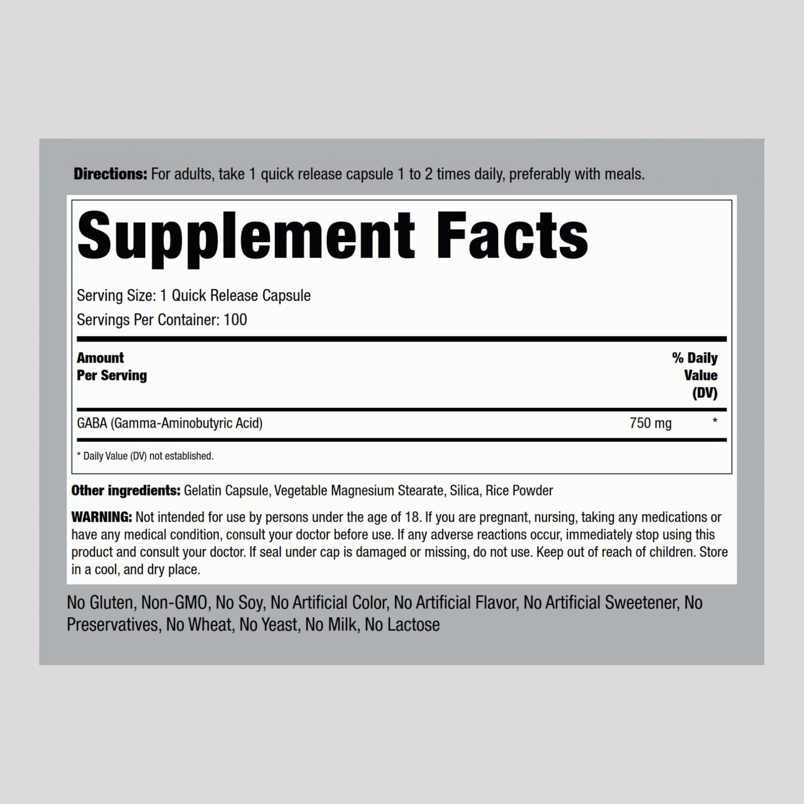 Piping Rock GABA Supplement 750mg | 100 Capsules | 100 Count (Pack of 1)