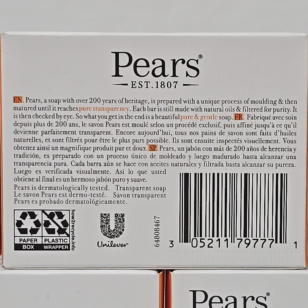 3 Pack Pears Pure & Gentle Transparent Soap 100g 3.5 oz. Bar Soap plant oils