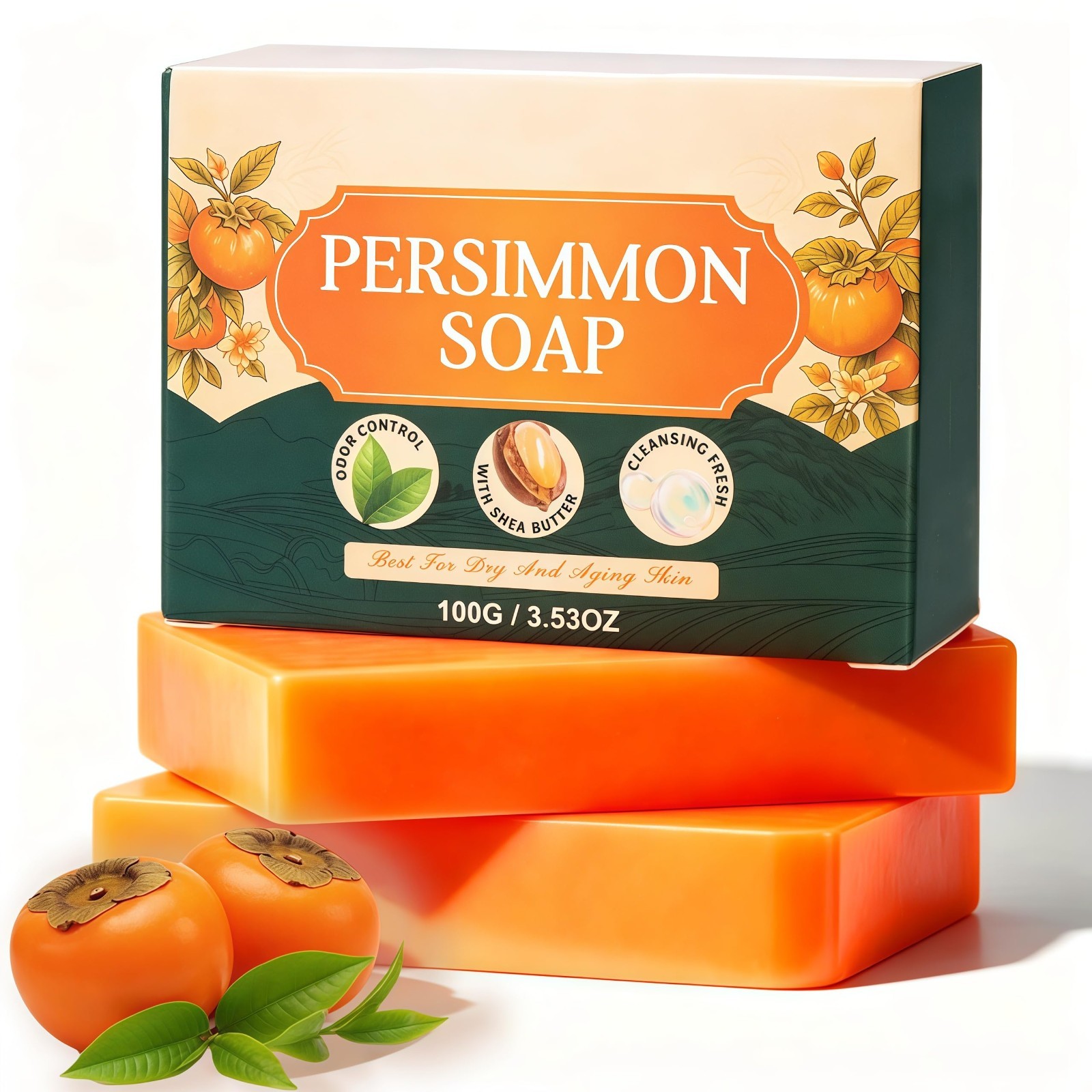 2PC Natural Deodorizing Persimmon Soap for Dry Aging Skin, Green Tea Extract, Ge
