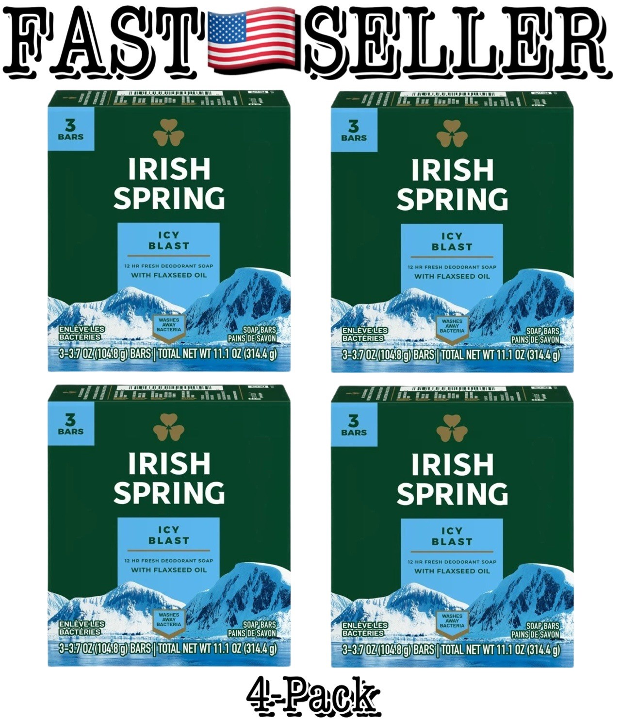 4-Pack Irish Spring Deodorant Bar Soap, Icy Blast, 3.75oz Each (12 Bars Total)
