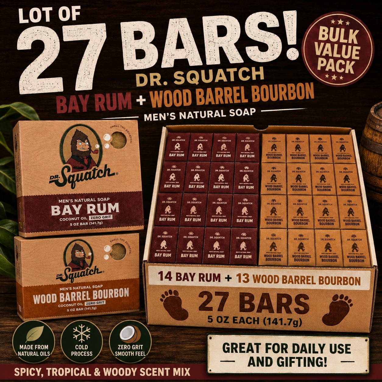 Lot of 27 Dr. Squatch Bar Soap 14 Bay Rum 13 Wood Barrel Bourbon