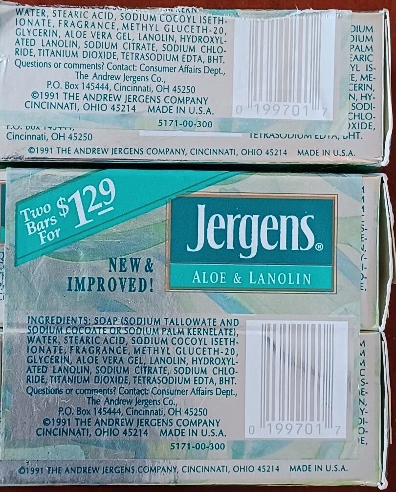 3 Vintage 1991 Jergens Aloe & Lanolin Soap Bar 3.5oz NOS USA Movie TV Prop