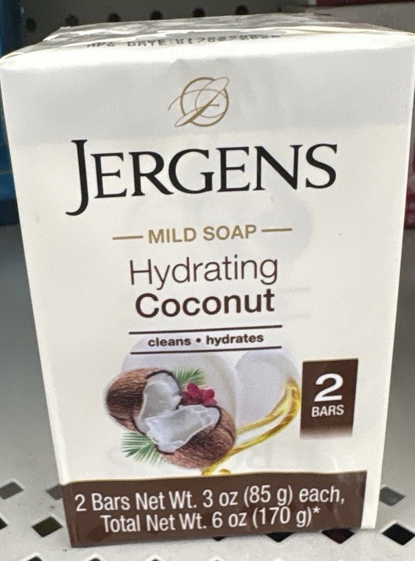 Jergens Hydrating Coconut Mild Body Bar Soap, 2-Pack 3 oz Each (6 oz Total)