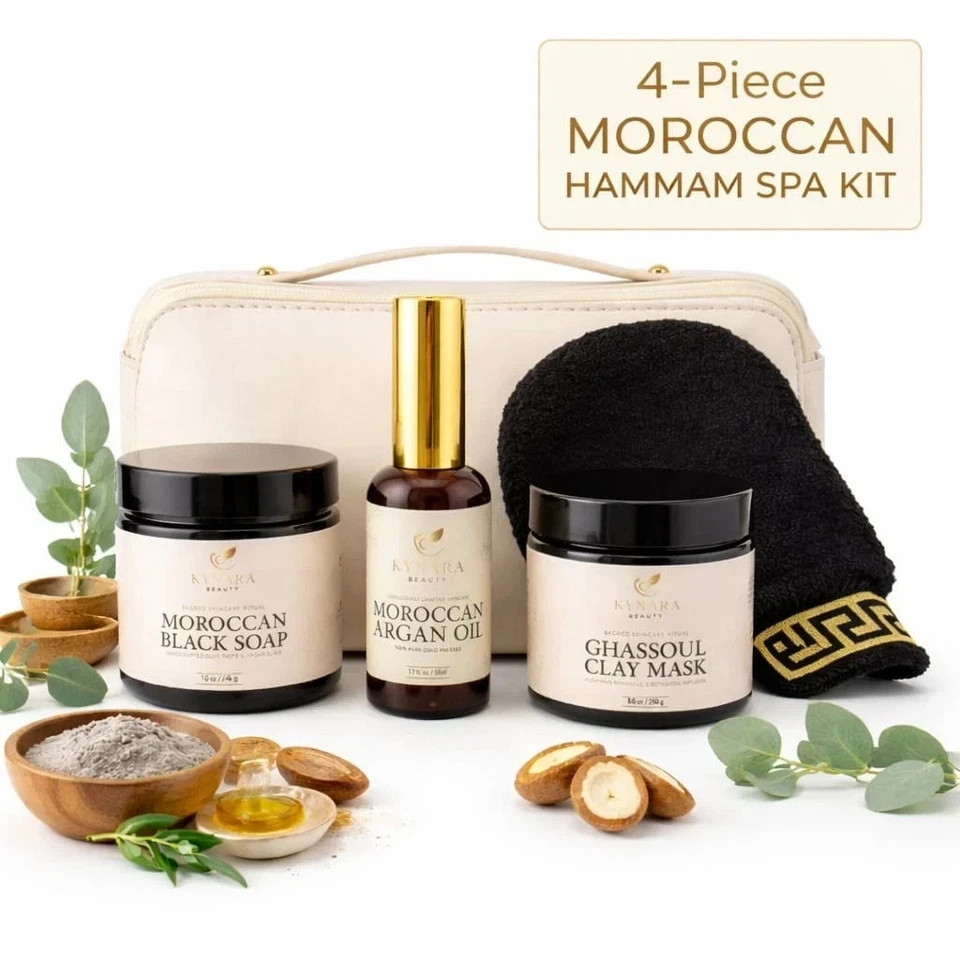 Moroccan Hammam Spa Kit Set 5(Black Soap, Argan Oil, Rhassoul Clay, Kessa glove}